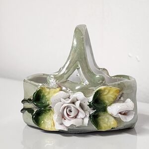 Vtg German Elfinware Porcelain Lusterware Green Miniature Rose Floral Basket